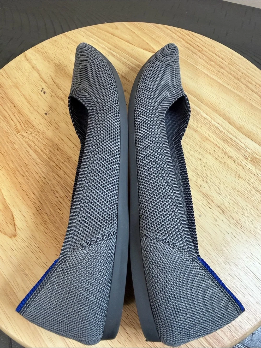 Rothy's Gray Pointed Knit Flats with Blue Trim